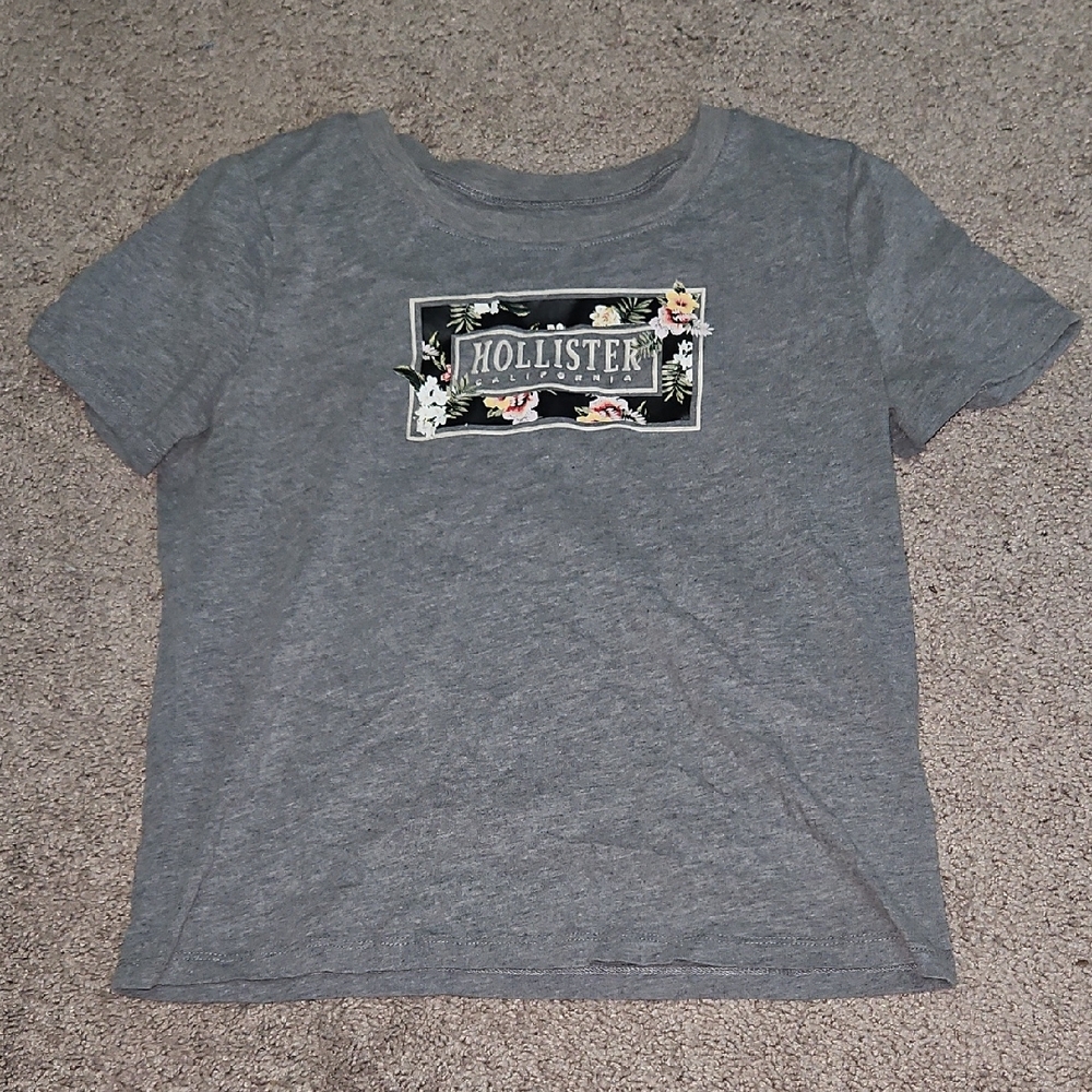 Hollister Gray Short Sleeve Crop Tee with Graphic Design